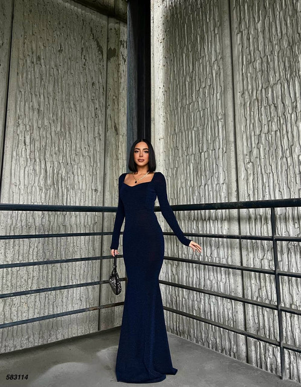 Trendusfashion Uzun Kollu Balık Model Abiye Elbise - V Yaka ve Parlak Kumaş