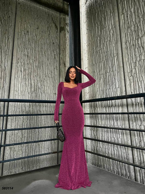Trendusfashion Uzun Kollu Balık Model Abiye Elbise - V Yaka ve Parlak Kumaş