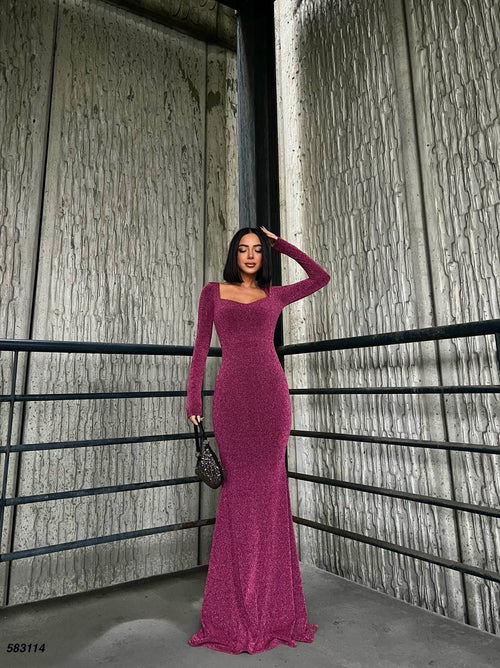 Trendusfashion Uzun Kollu Balık Model Abiye Elbise - V Yaka ve Parlak Kumaş