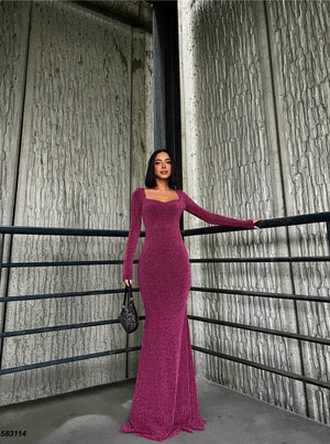 Trendusfashion Uzun Kollu Balık Model Abiye Elbise - V Yaka ve Parlak Kumaş