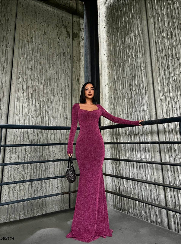 Trendusfashion Uzun Kollu Balık Model Abiye Elbise - V Yaka ve Parlak Kumaş