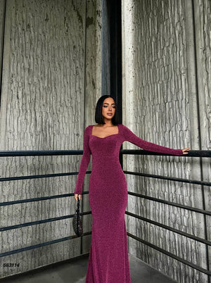 Trendusfashion Uzun Kollu Balık Model Abiye Elbise - V Yaka ve Parlak Kumaş