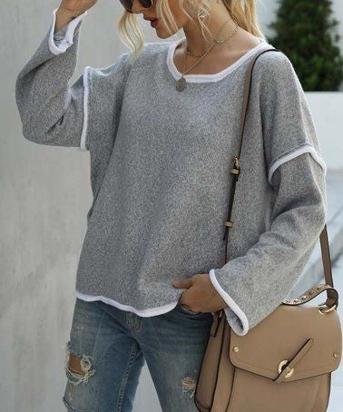 Trendusfashion Uzun Kollu Beyaz şerit Detay Salaş Triko Kazak