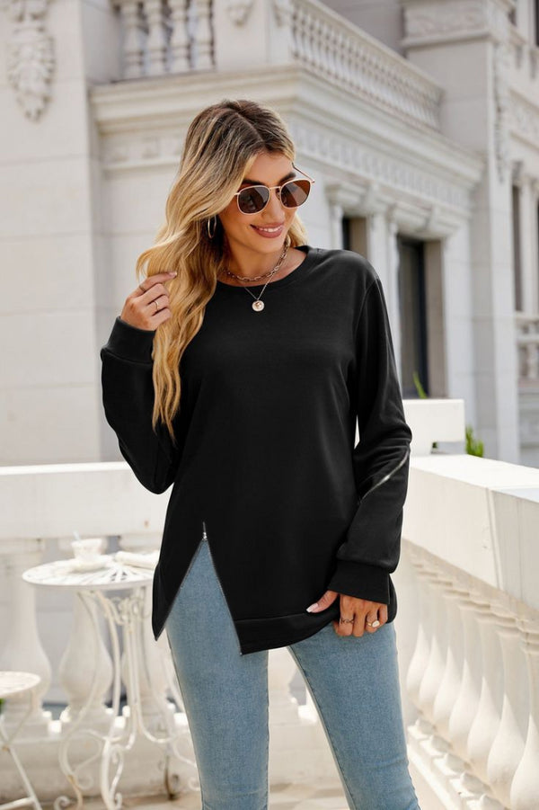 Trendusfashion Uzun Kollu Bisiklet Yaka Fermuar Detay Iki Iplik Bluz