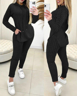 Trendusfashion uzun kollu kapşonlu yakadan bağcıklı yandan yırtmaçlı üst bluz alt tayt şardonlu kaşkorse ikili takım