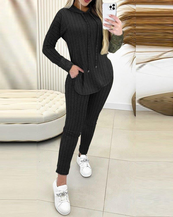 Trendusfashion uzun kollu kapşonlu yakadan bağcıklı yandan yırtmaçlı üst bluz alt tayt şardonlu kaşkorse ikili takım