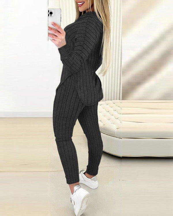 Trendusfashion uzun kollu kapşonlu yakadan bağcıklı yandan yırtmaçlı üst bluz alt tayt şardonlu kaşkorse ikili takım