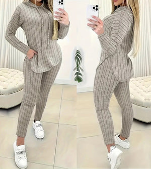 Trendusfashion uzun kollu kapşonlu yakadan bağcıklı yandan yırtmaçlı üst bluz alt tayt şardonlu kaşkorse ikili takım