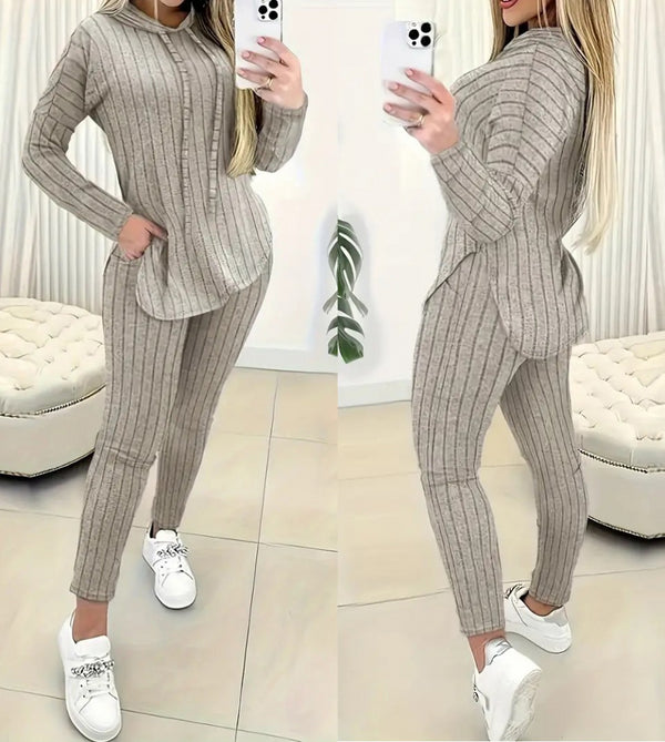 Trendusfashion uzun kollu kapşonlu yakadan bağcıklı yandan yırtmaçlı üst bluz alt tayt şardonlu kaşkorse ikili takım