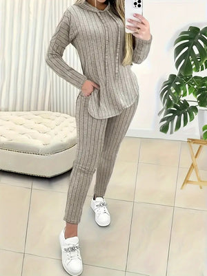 Trendusfashion uzun kollu kapşonlu yakadan bağcıklı yandan yırtmaçlı üst bluz alt tayt şardonlu kaşkorse ikili takım