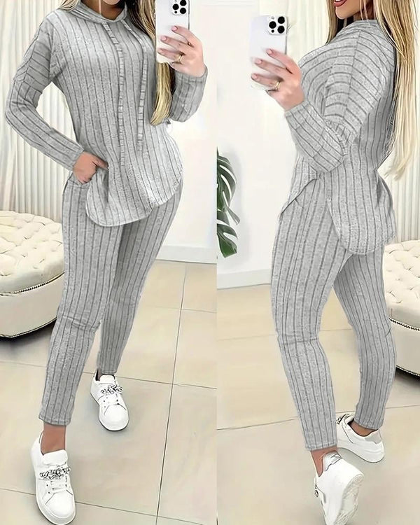 Trendusfashion uzun kollu kapşonlu yakadan bağcıklı yandan yırtmaçlı üst bluz alt tayt şardonlu kaşkorse ikili takım