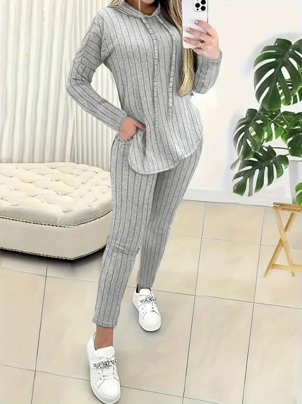 Trendusfashion uzun kollu kapşonlu yakadan bağcıklı yandan yırtmaçlı üst bluz alt tayt şardonlu kaşkorse ikili takım