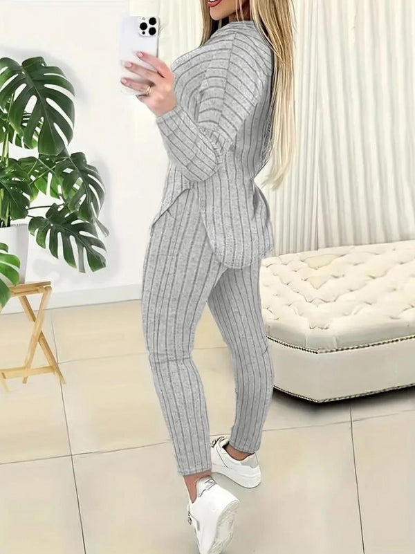 Trendusfashion uzun kollu kapşonlu yakadan bağcıklı yandan yırtmaçlı üst bluz alt tayt şardonlu kaşkorse ikili takım