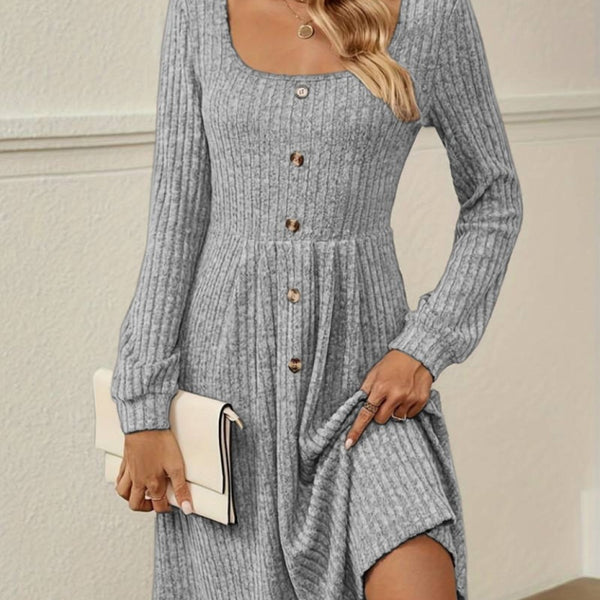 Trendusfashion Uzun Kollu Kare Yaka önden Düğmeli Midi şardonlu Kaşkorse Elbise