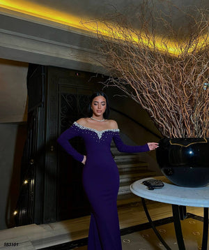 Trendusfashion Uzun Kollu Taş Detaylı Abiye Elbise - Omuz Dekolteli Şık Tasarım