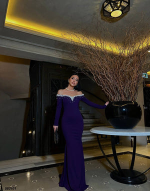 Trendusfashion Uzun Kollu Taş Detaylı Abiye Elbise - Omuz Dekolteli Şık Tasarım