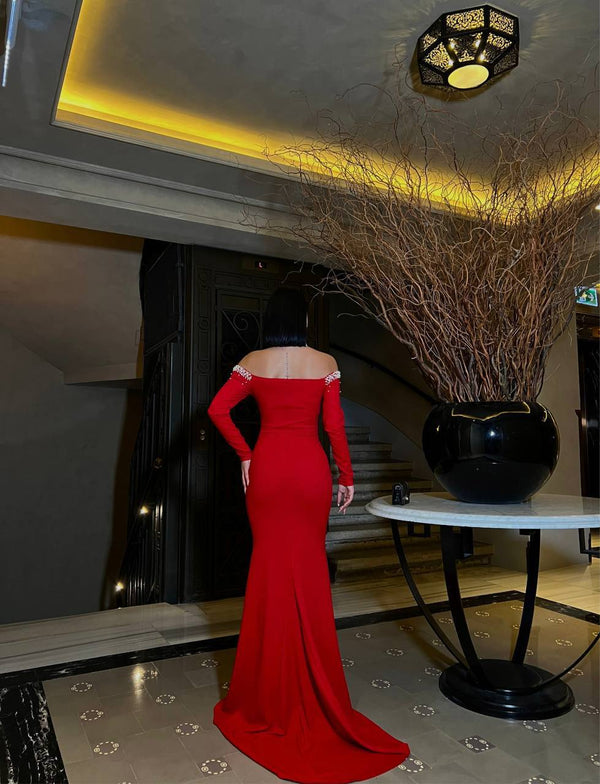Trendusfashion Uzun Kollu Taş Detaylı Abiye Elbise - Omuz Dekolteli Şık Tasarım