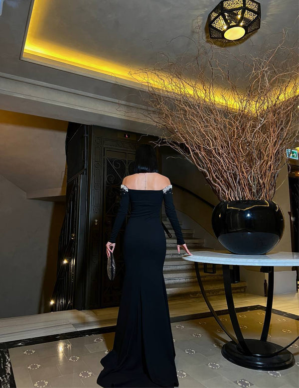 Trendusfashion Uzun Kollu Taş Detaylı Abiye Elbise - Omuz Dekolteli Şık Tasarım