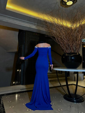 Trendusfashion Uzun Kollu Taş Detaylı Abiye Elbise - Omuz Dekolteli Şık Tasarım