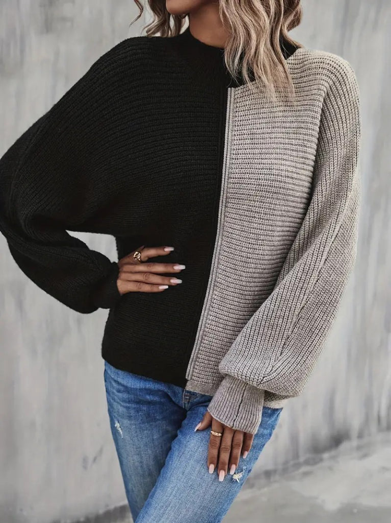 Trendusfashion Yuvarlak Yaka Blok Renk Salaş Triko Bluz