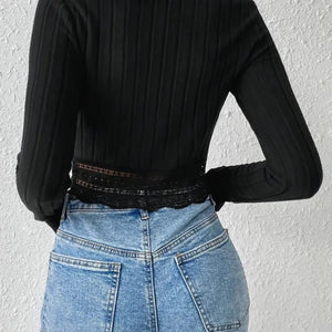 Trendusfashion Yuvarlak Yaka Ribana Dantel Detay Kalın Fitilli Kaşkorse Krop Bluz