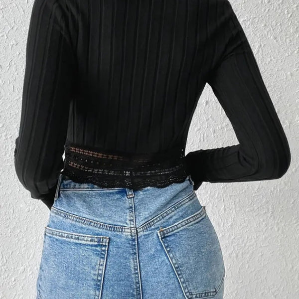Trendusfashion Yuvarlak Yaka Ribana Dantel Detay Kalın Fitilli Kaşkorse Krop Bluz