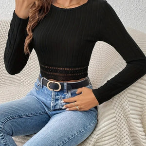 Trendusfashion Yuvarlak Yaka Ribana Dantel Detay Kalın Fitilli Kaşkorse Krop Bluz